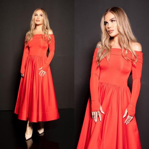 Alice + Olivia Chara Flared Midi Dress Off the Shoulder Bright Ruby Red 4 - Picture 13 of 16